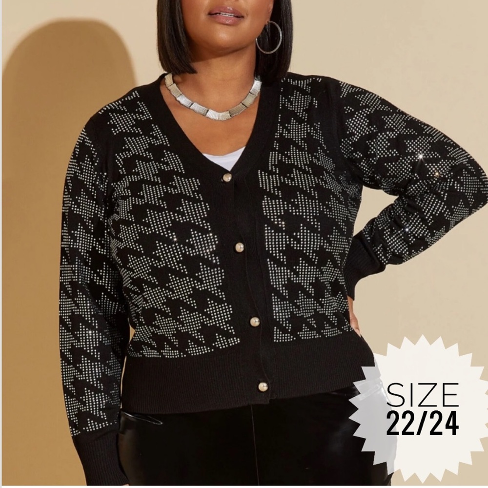 Plus ASHLEY STEWART Black Houndstooth Embellished Crop Cardigan Sweater